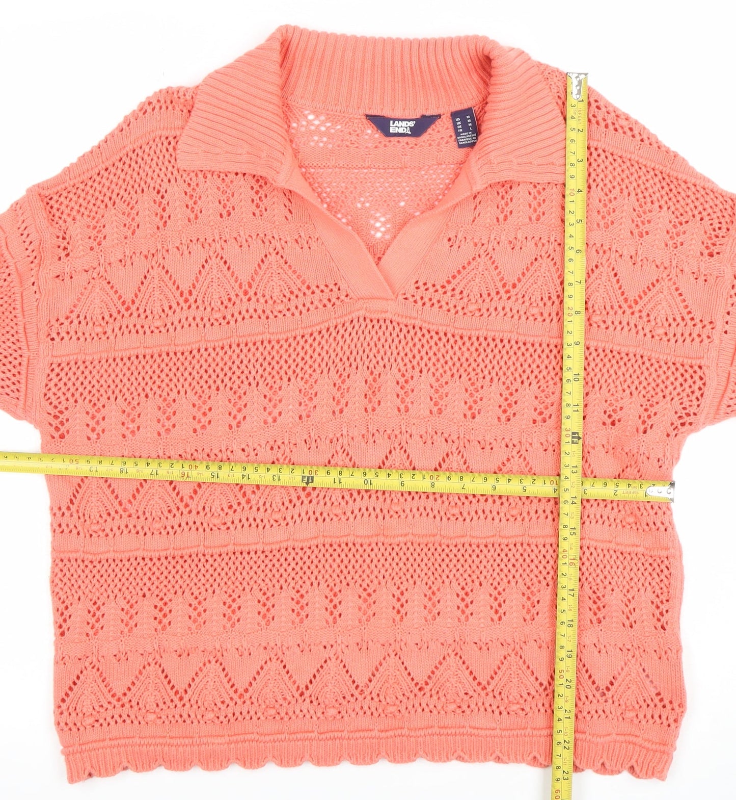 Lands' End Women's Pink Cotton Collared Open-Knit Jumper Size L