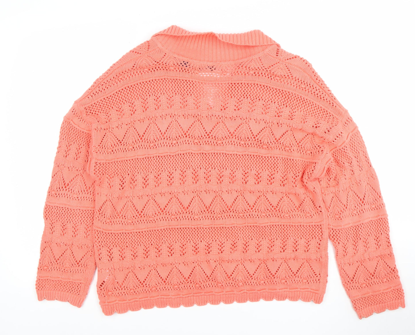 Lands' End Women's Pink Cotton Collared Open-Knit Jumper Size L
