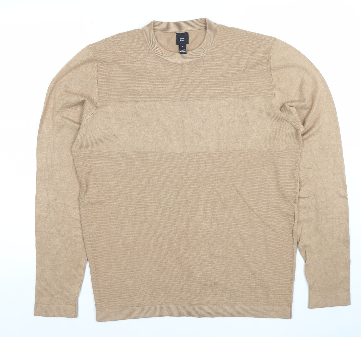 River Island Mens Beige Cotton Crew Neck Jumper L Regular Fit