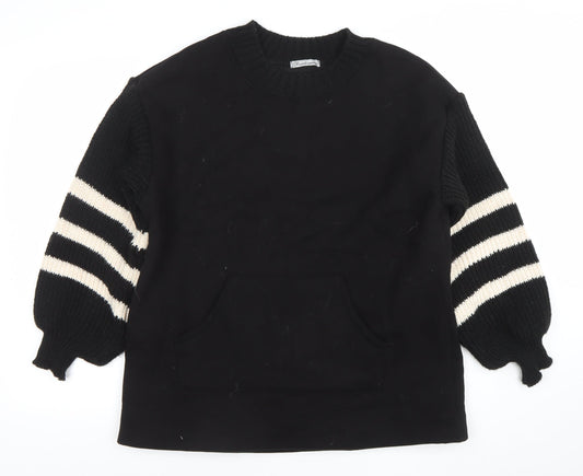 Sweetissima Womens Black Stripe Sleeve Pullover Sweatshirt Size L
