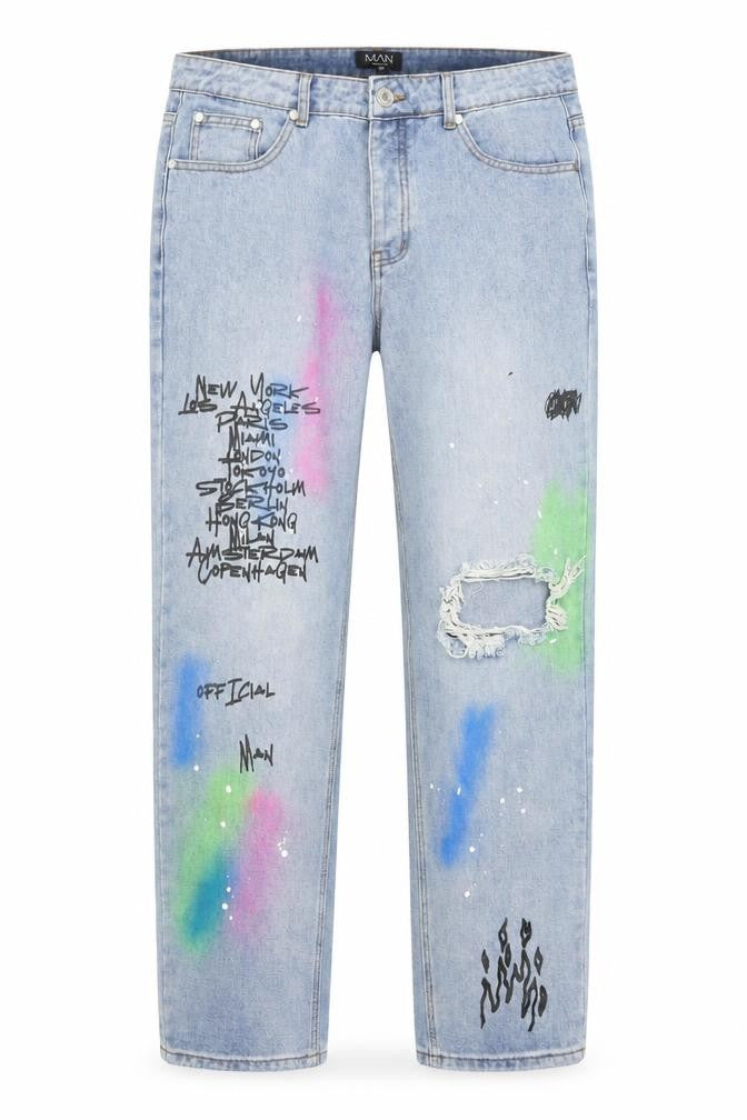 boohooMAN Men's Blue Distressed Spray Paint Graphic Straight Jeans Size 30