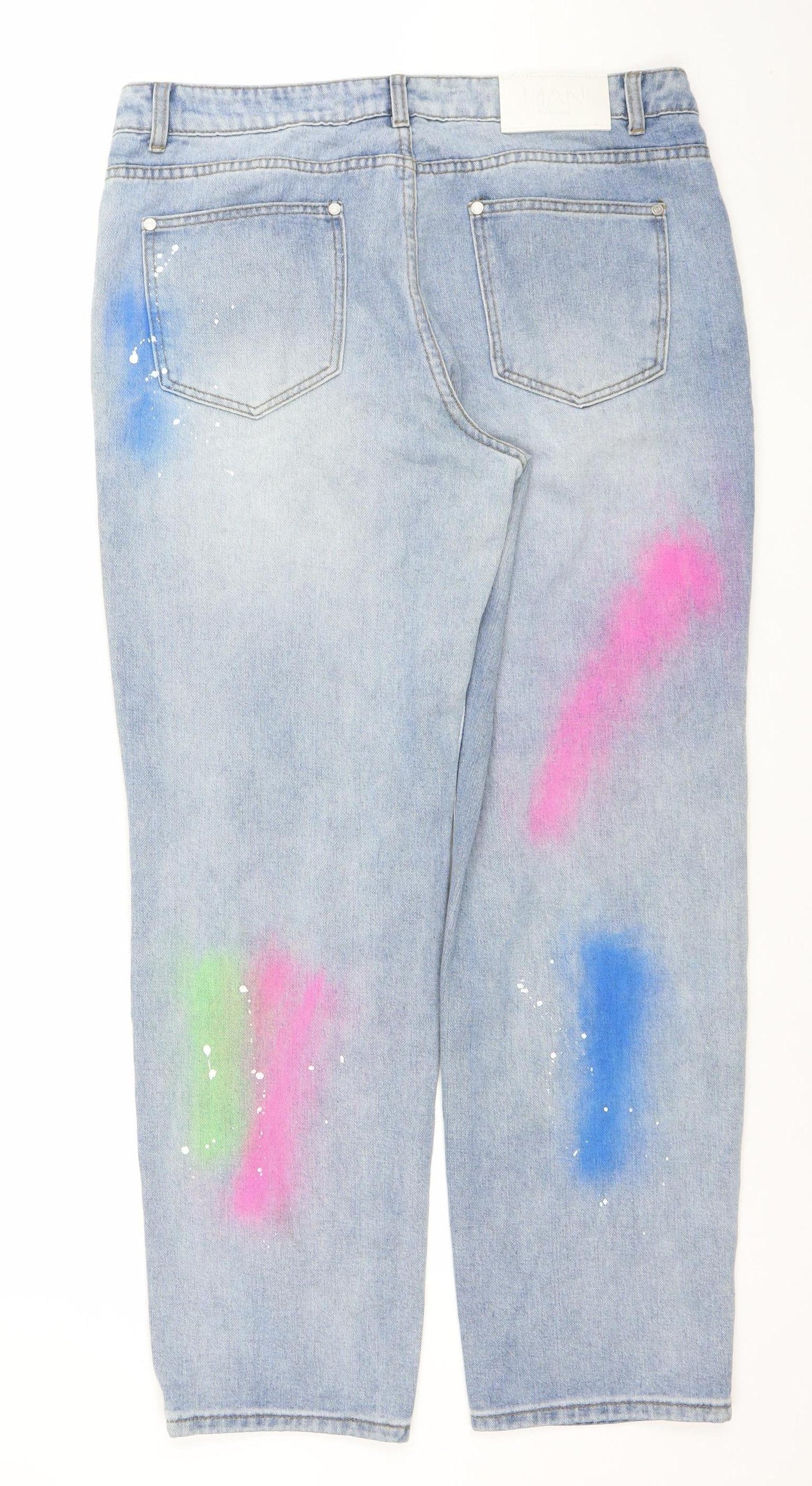 boohooMAN Men's Blue Distressed Spray Paint Graphic Straight Jeans Size 30