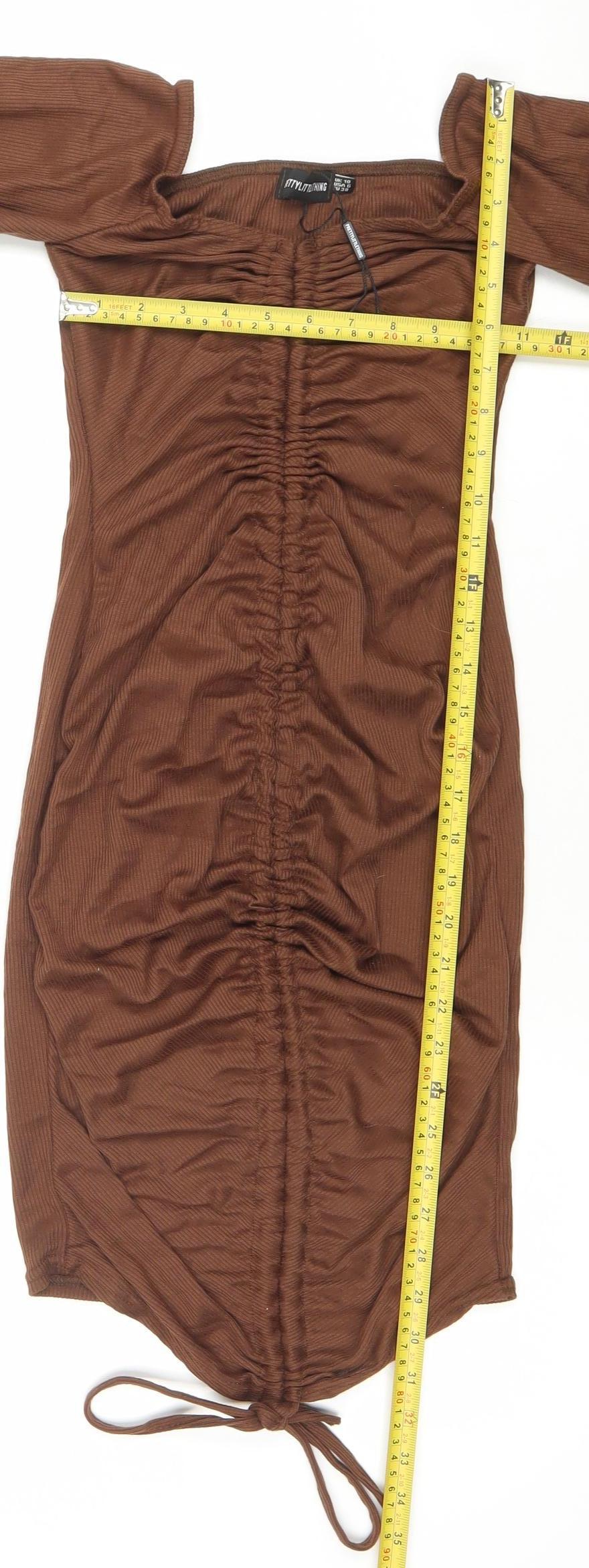 PrettyLittleThing Women's Brown Ruched Bodycon Mini Dress Size 10