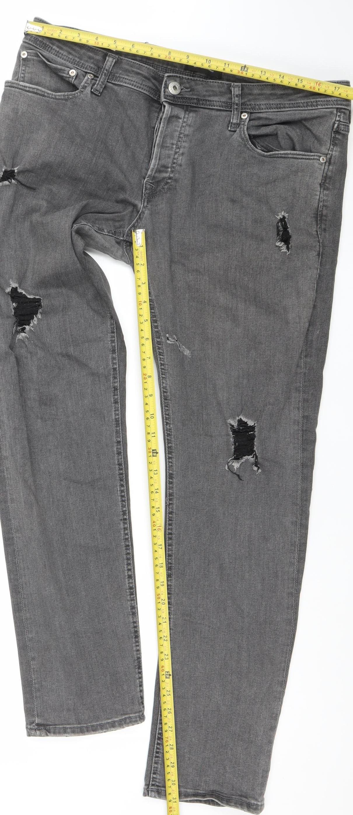 Jack & Jones Men’s Grey Denim Distressed Straight Jeans 38W 32L
