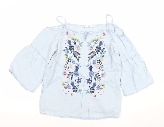Marks and Spencer Girls Blue Embroidered Off Shoulder Blouse 11-12 Years