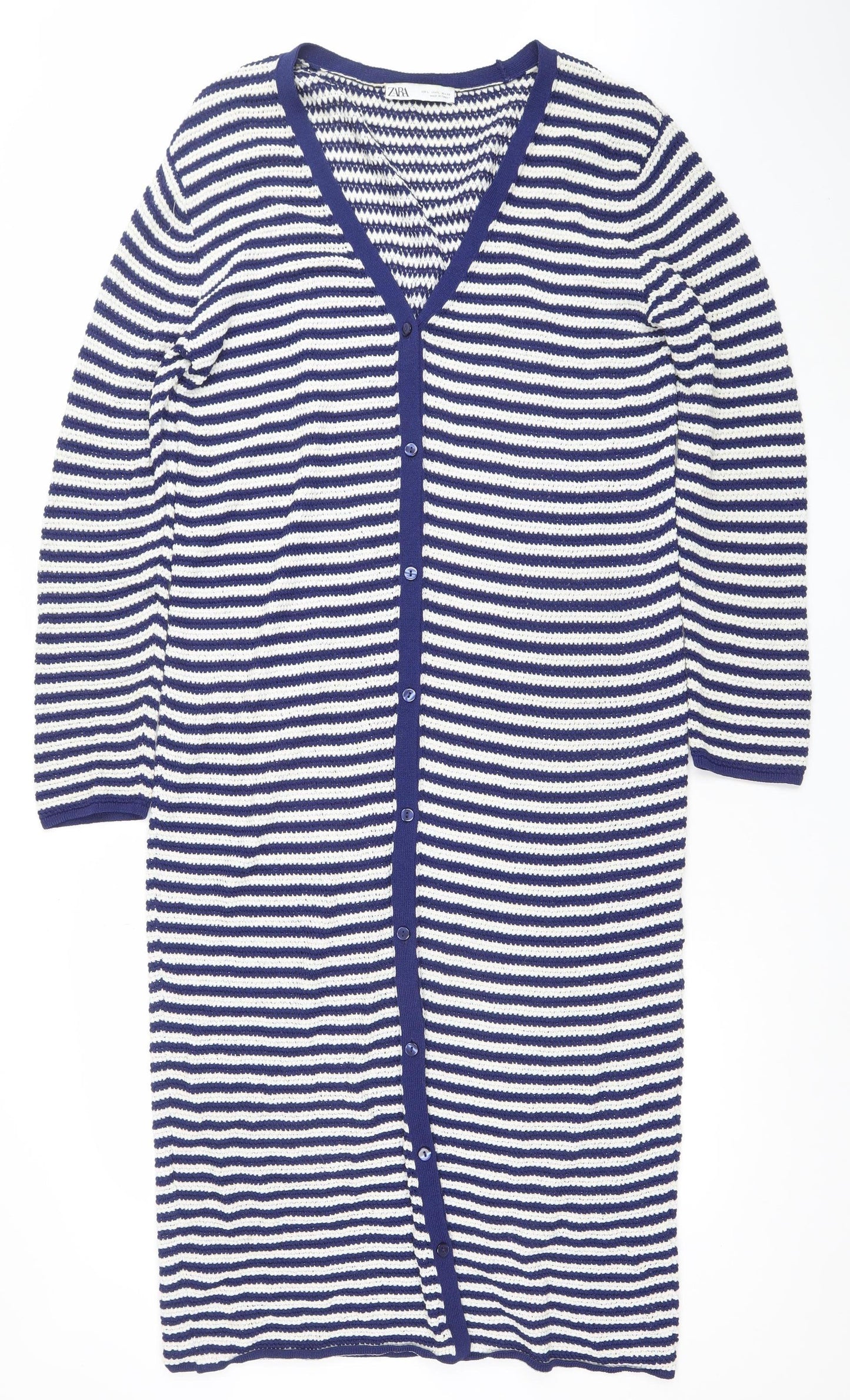 ZARA Women Blue White Striped Knit Shirt Dress L