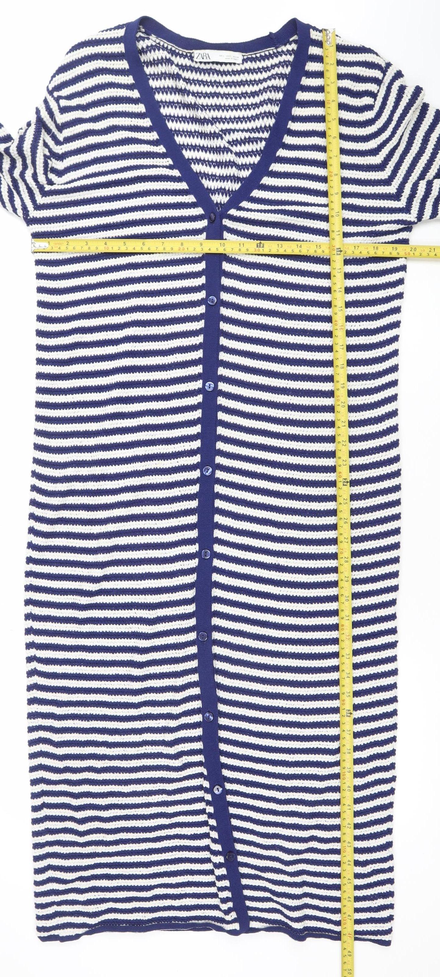 ZARA Women Blue White Striped Knit Shirt Dress L