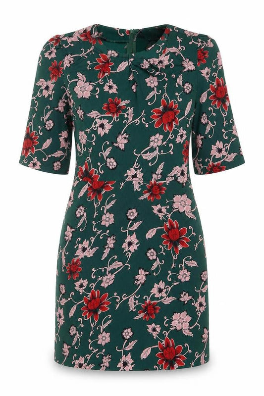 Front view of Missguided Women’s Green Floral Ruched Bodycon Dress, size UK 12