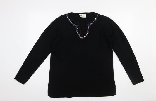 Said Woman Black Beaded V-Neck Acrylic Jumper Size 14-16
