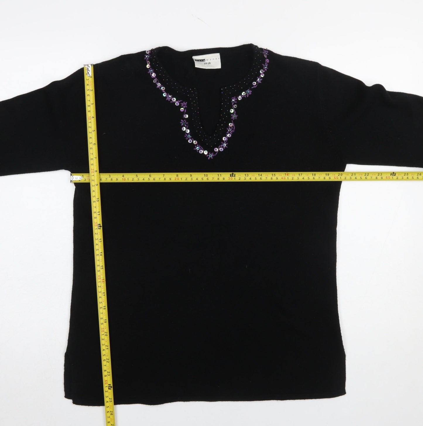 Said Woman Black Beaded V-Neck Acrylic Jumper Size 14-16