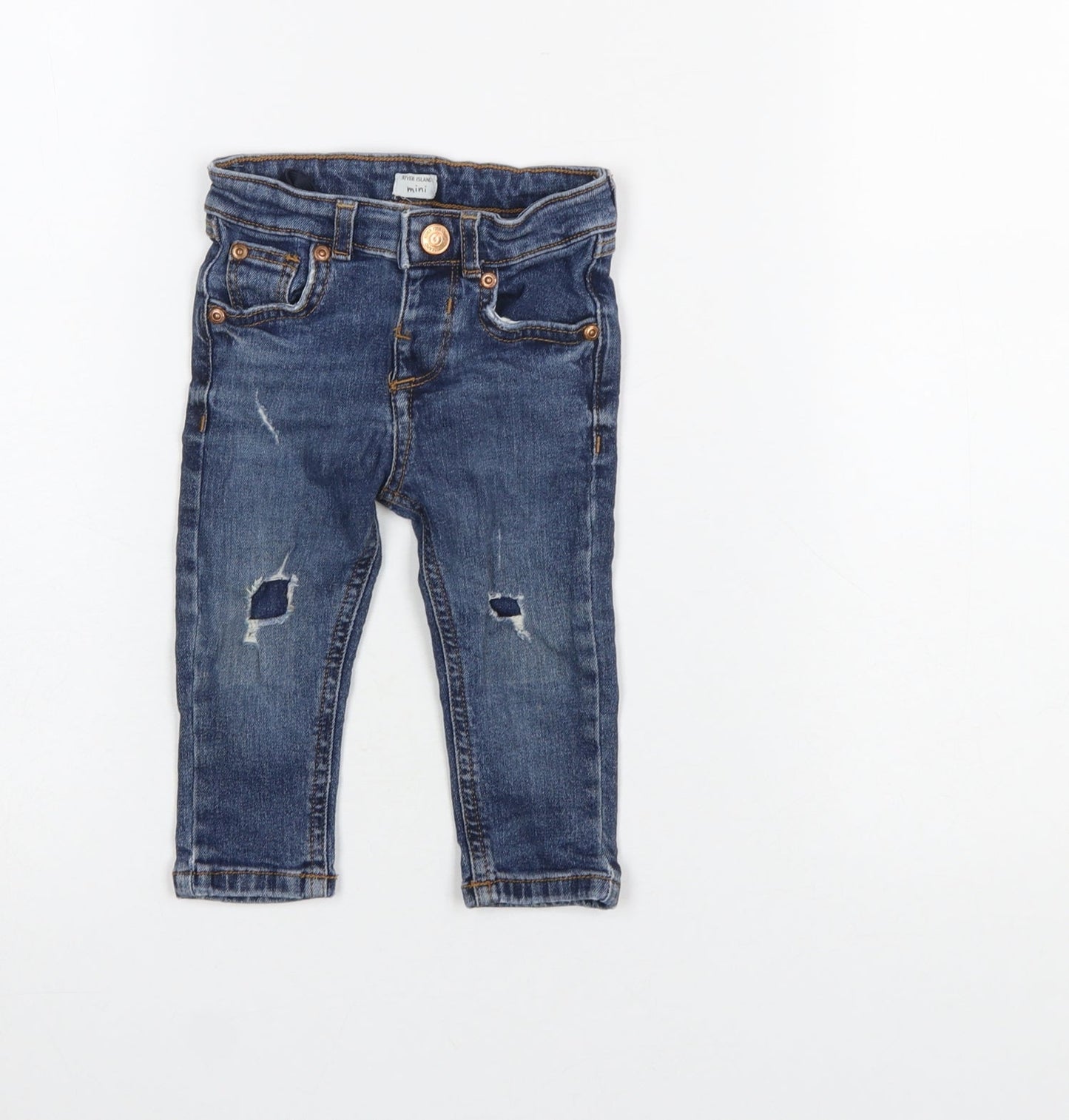 River Island Mini Blue Denim Jeans 9-12 Months Unisex Ripped Stretch
