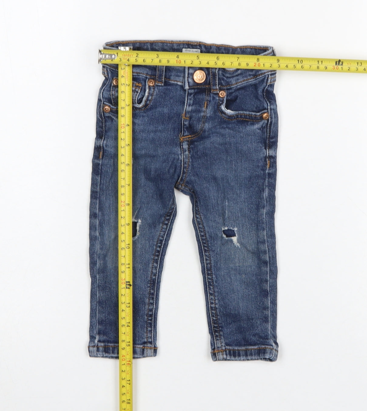 River Island Mini Blue Denim Jeans 9-12 Months Unisex Ripped Stretch