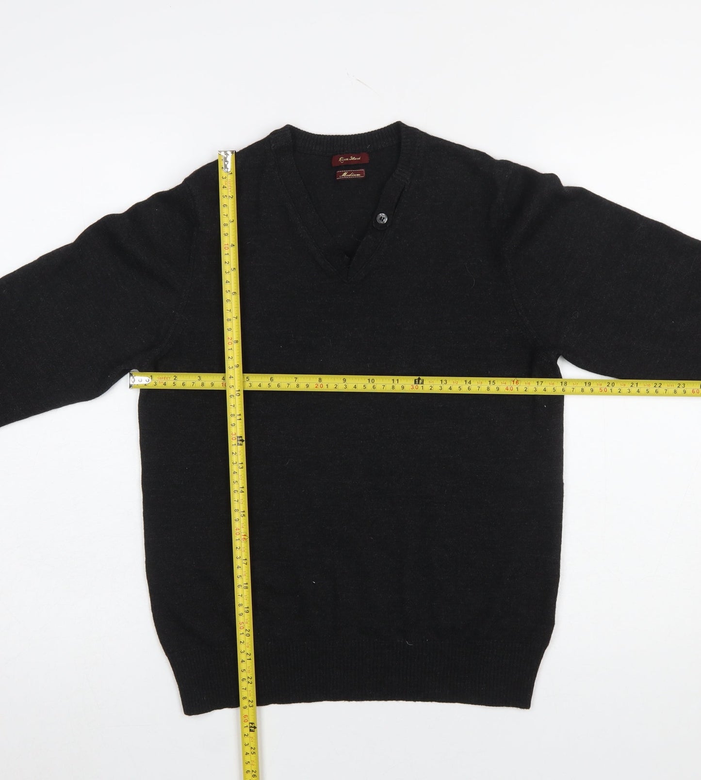 River Island Men's Black V-Neck Wool Blend Jumper Medium