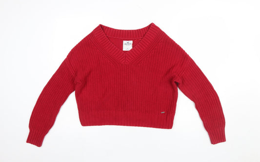Hollister Women's Red V-Neck Chunky Knit Jumper Size S