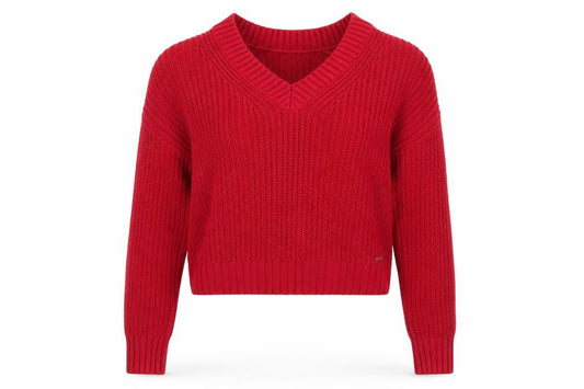 Hollister Women's Red V-Neck Chunky Knit Jumper Size S
