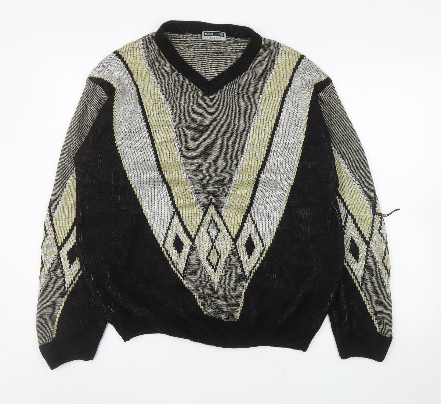 Basic-Line Men's Black L V-Neck Argyle Acrylic Jumper