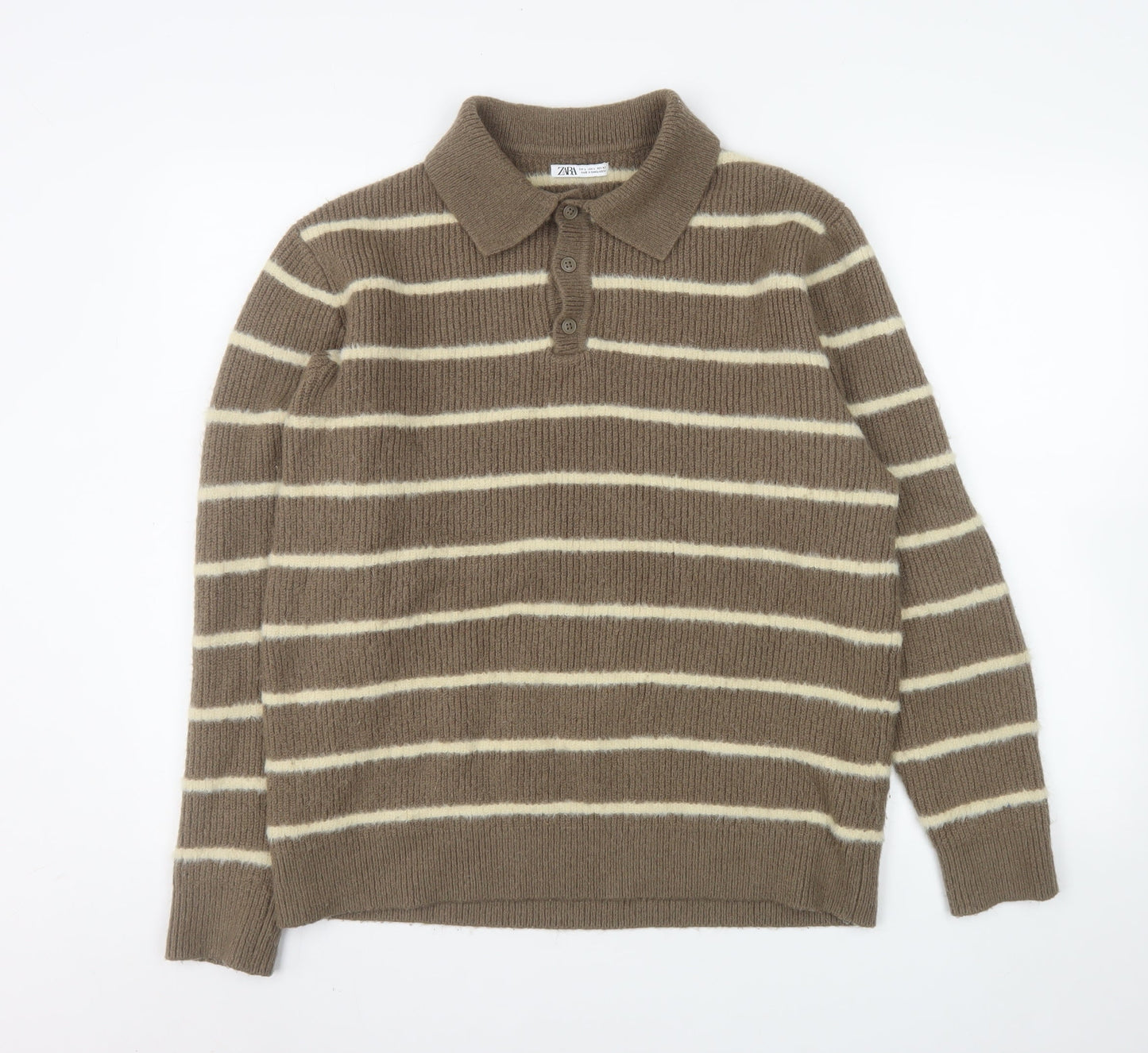 Zara Men's Brown Striped Collared Henley Jumper Size L