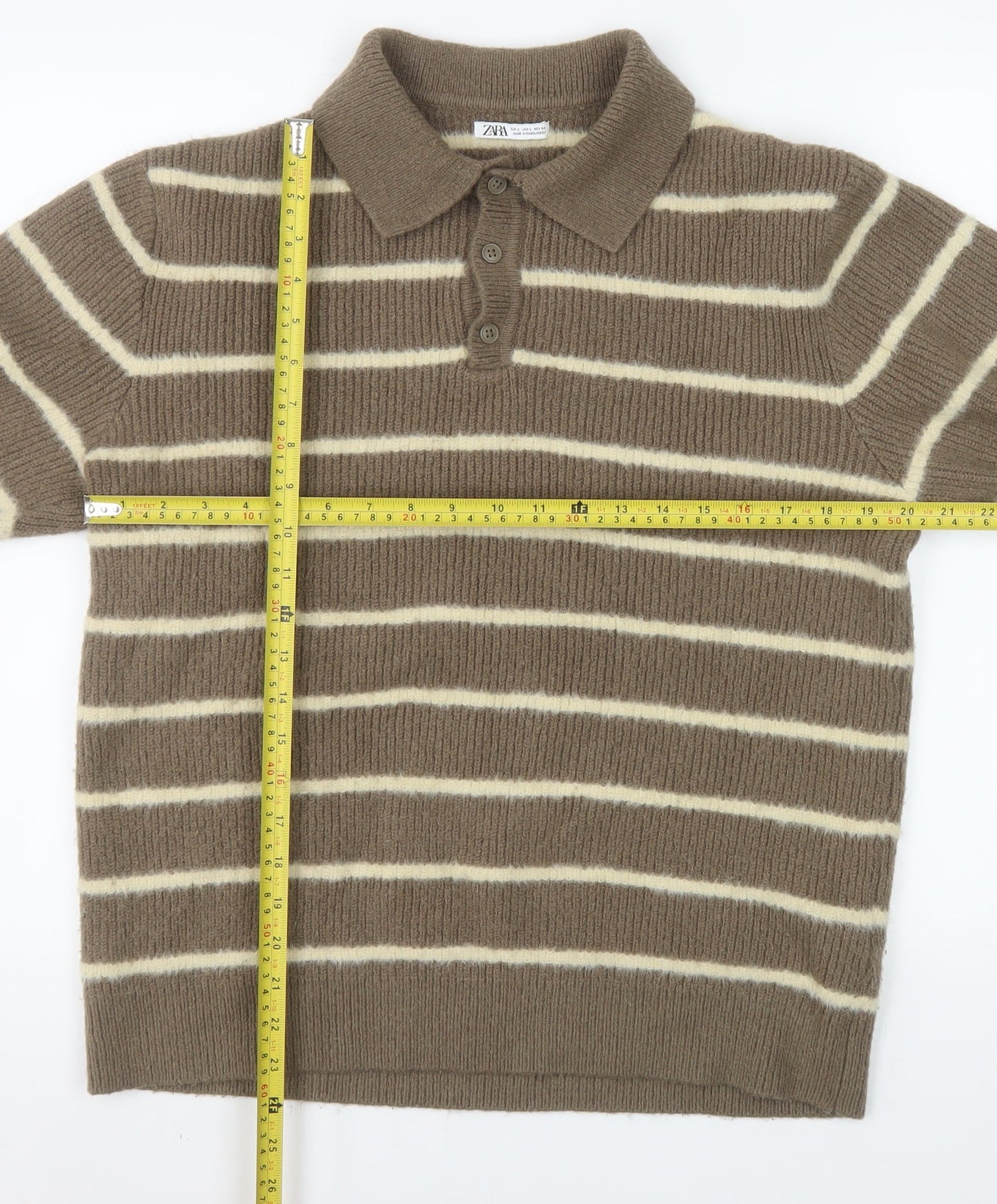 Zara Men's Brown Striped Collared Henley Jumper Size L