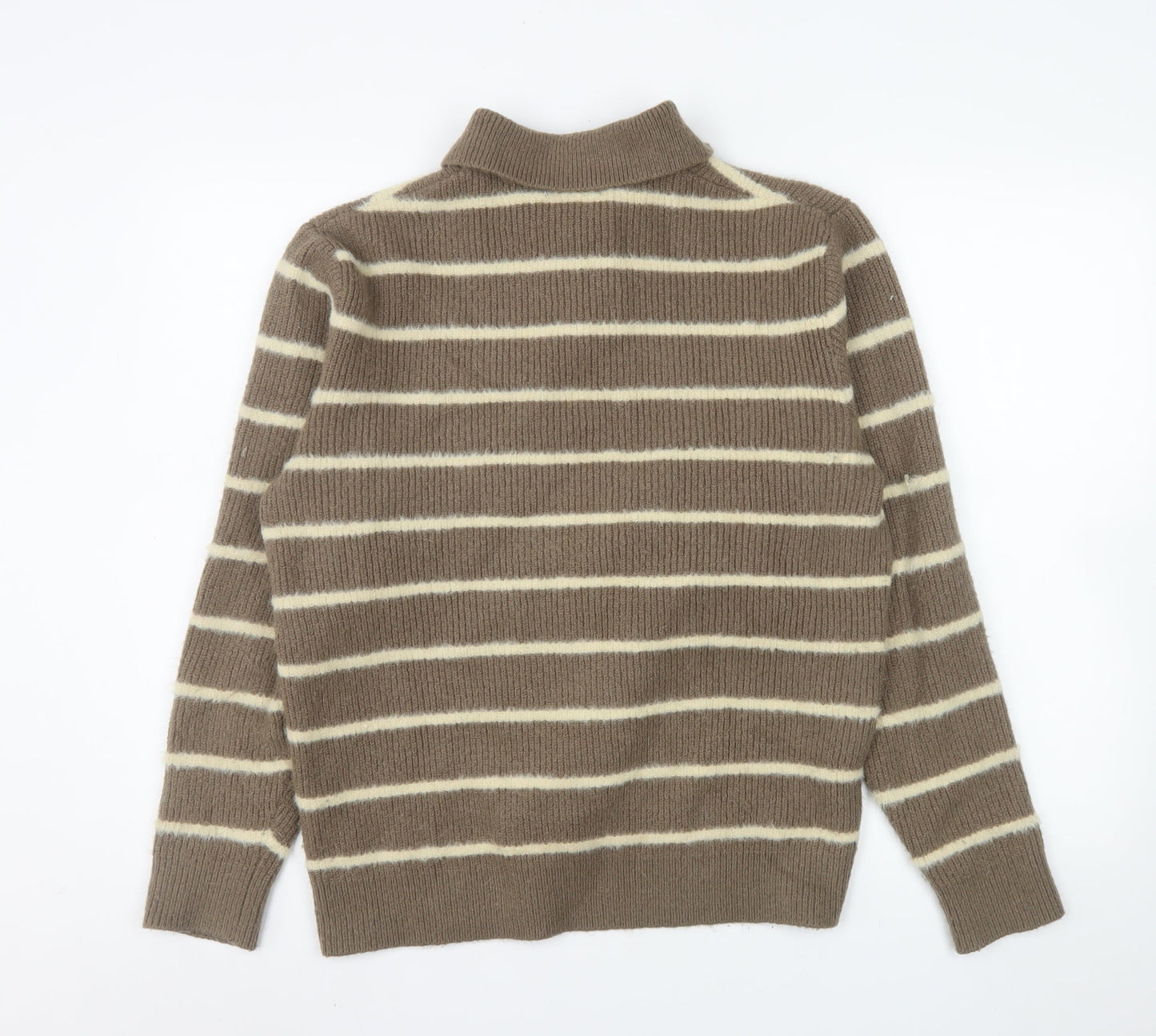 Zara Men's Brown Striped Collared Henley Jumper Size L