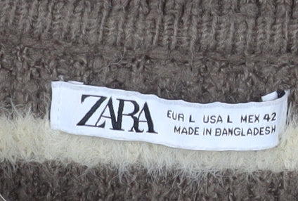 Zara Men's Brown Striped Collared Henley Jumper Size L