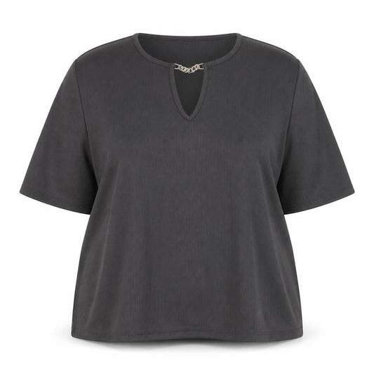 Fig Women's Grey 2XL Stretch Chain Detail V-Neck Short Sleeve Top