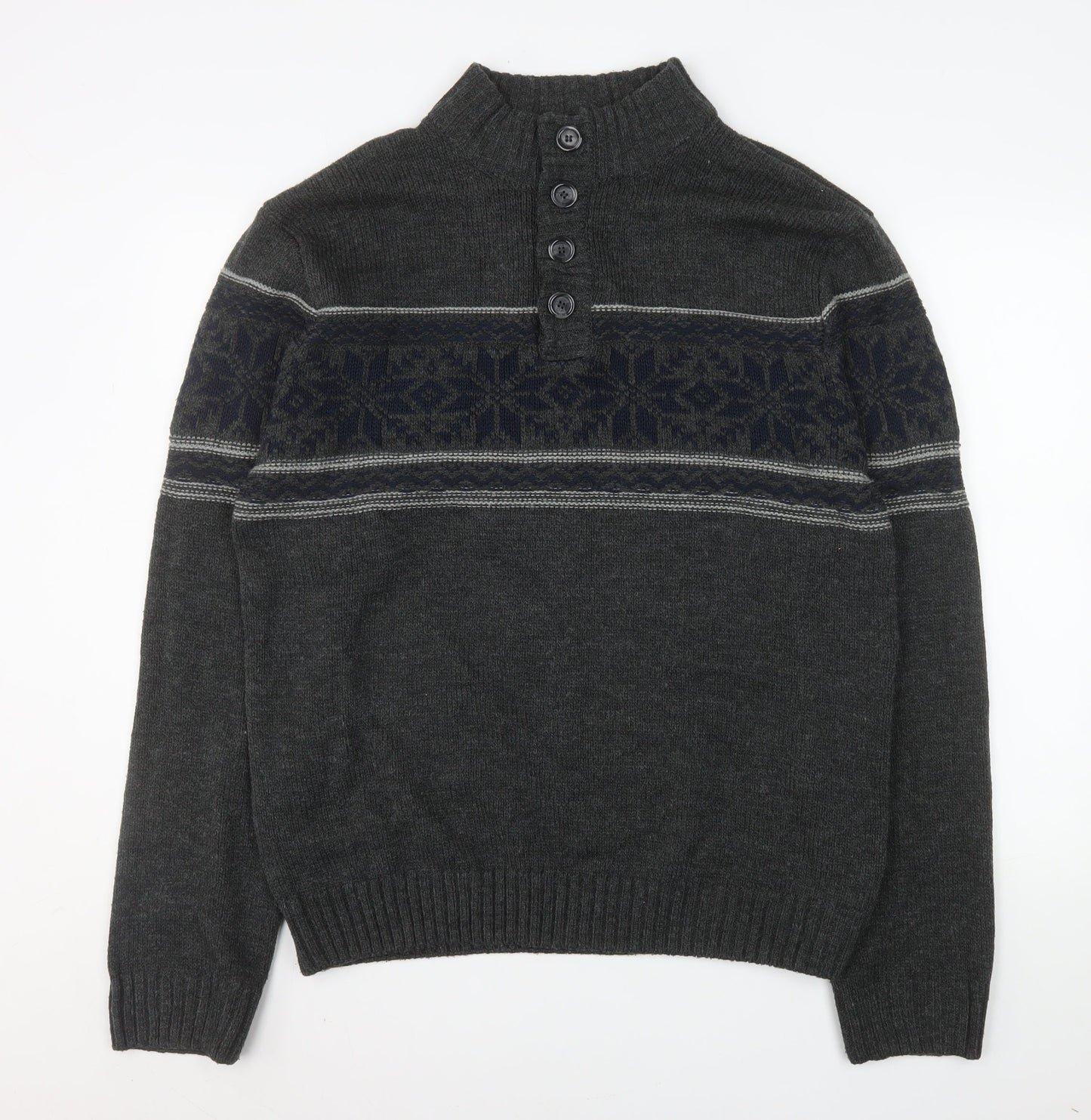 Cedar Wood State Men’s Grey Fair Isle Henley Jumper XL