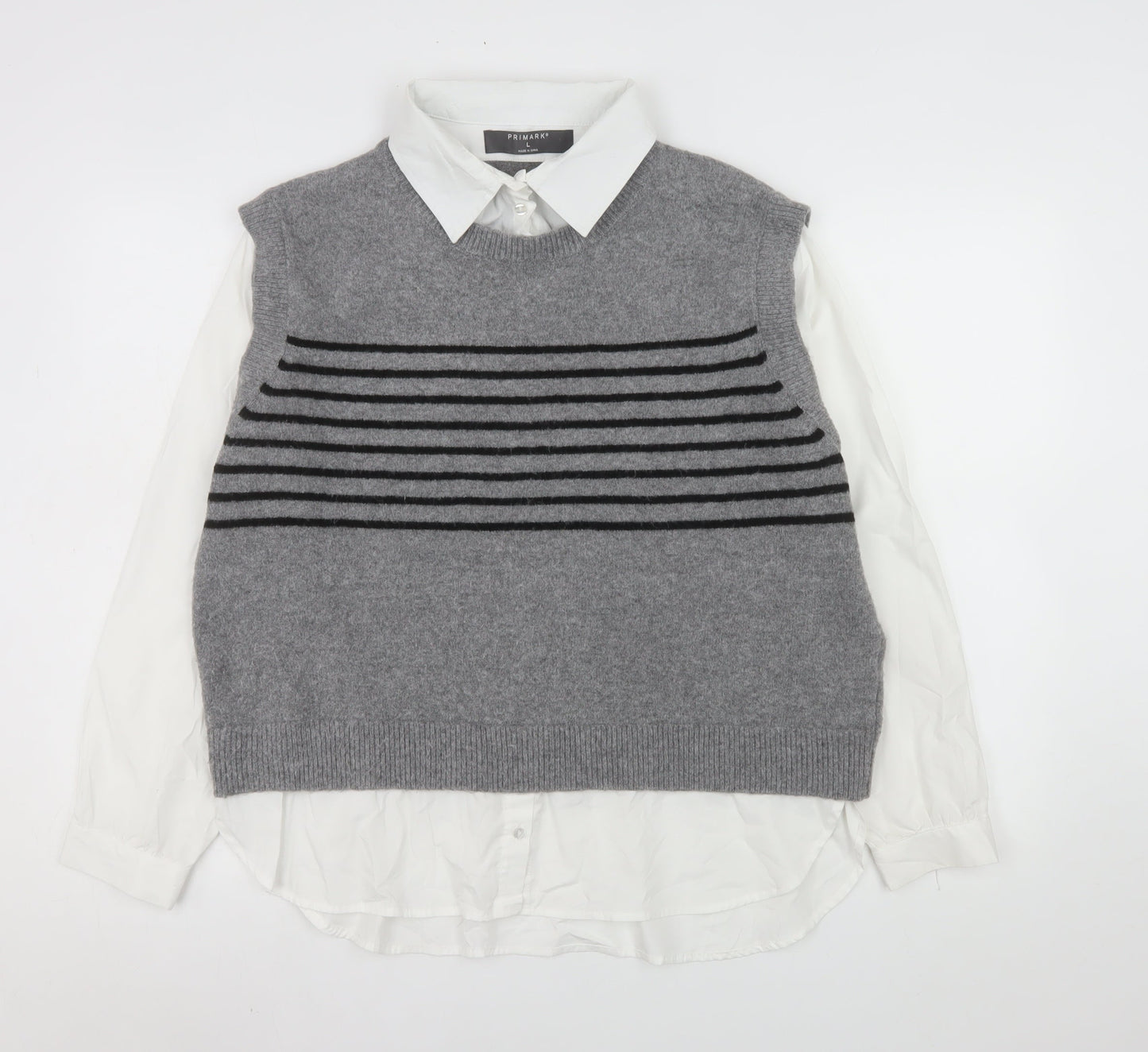 Primark Women Grey Striped Sleeveless Vest Jumper L Polyester Blend