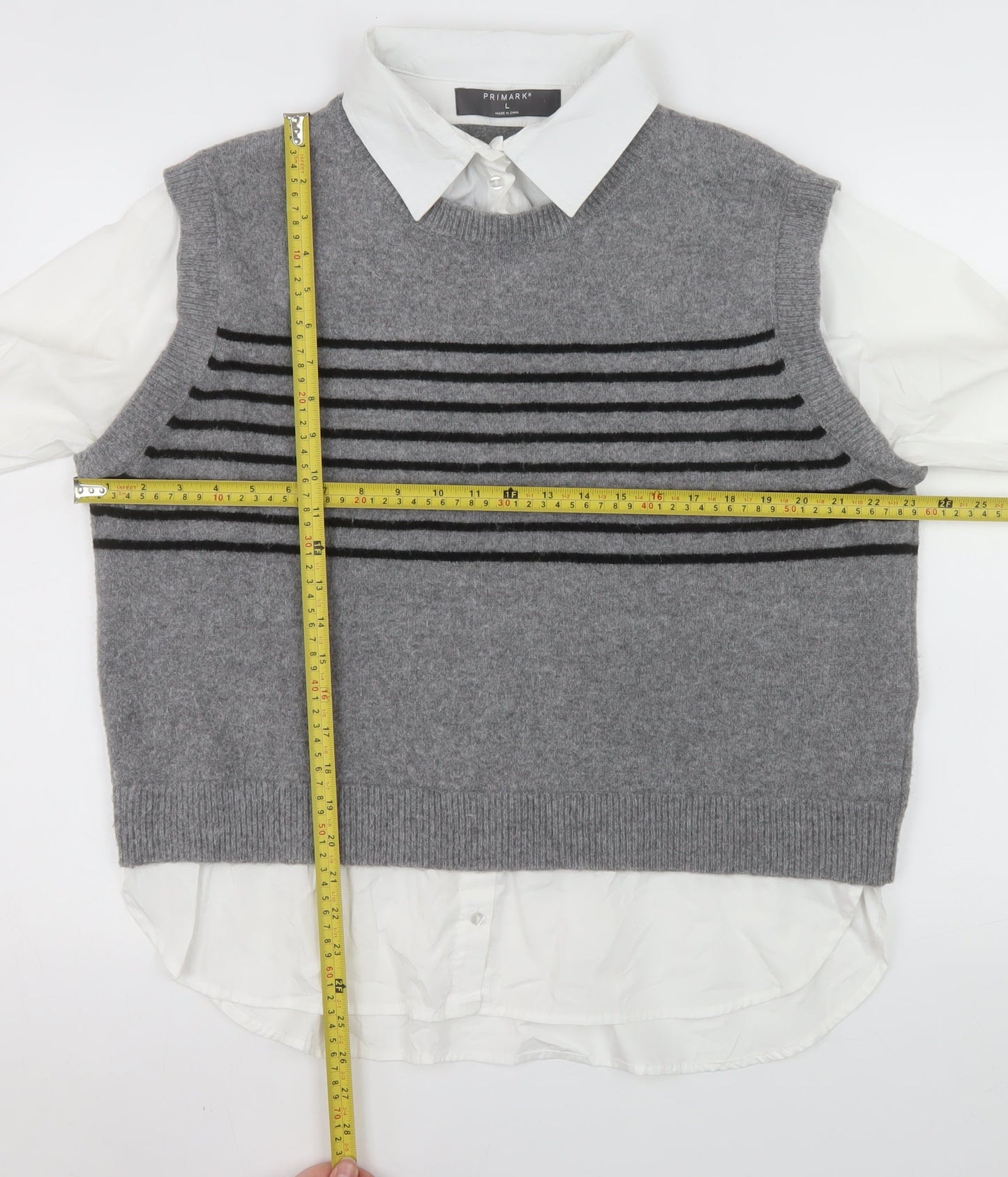 Primark Women Grey Striped Sleeveless Vest Jumper L Polyester Blend