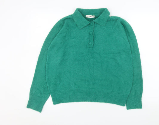 Gallery Women Green Collared Henley Jumper Size 10 Acrylic Blend