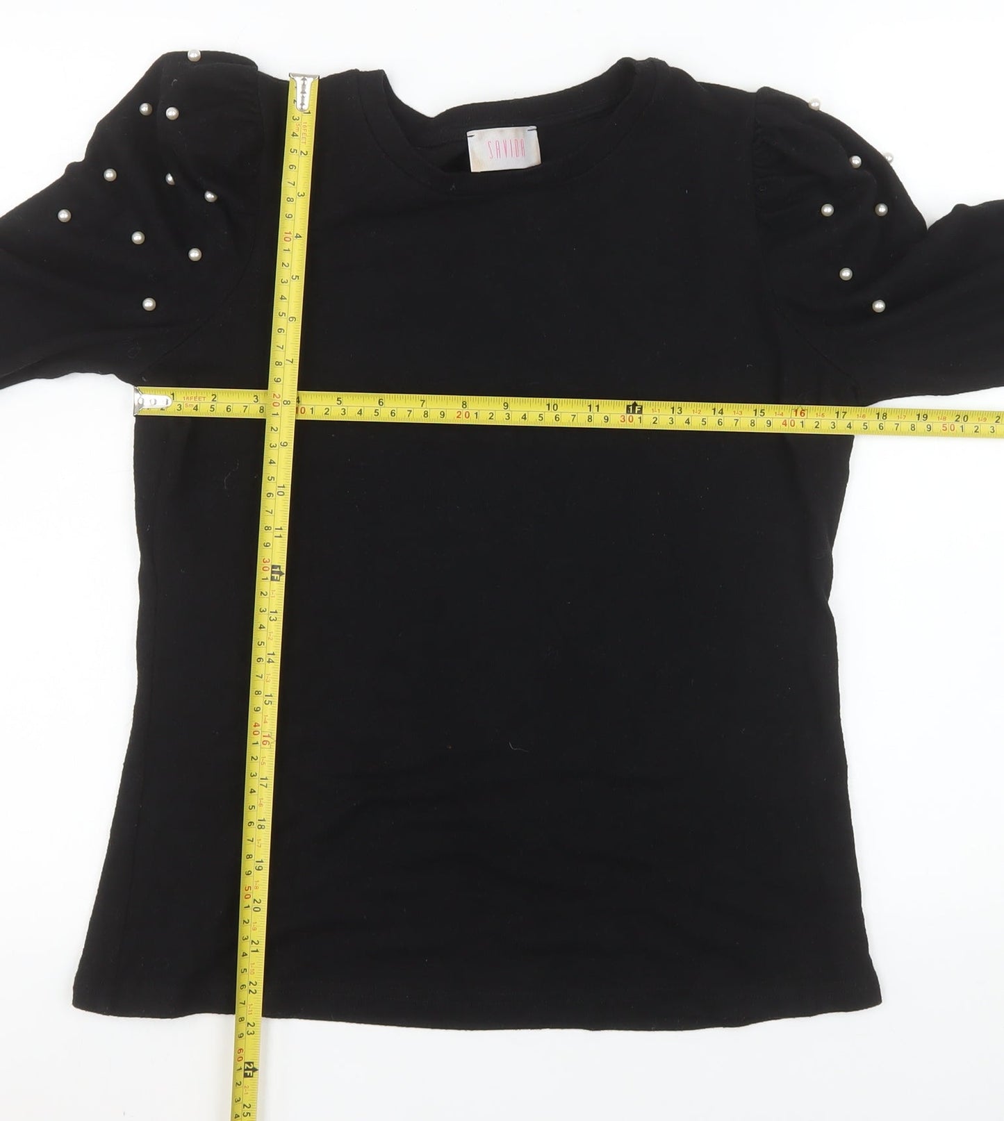 Savida Womens Black Long Sleeve Beaded Puff Top Size 12