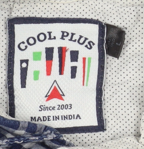 Cool Plus Men's Blue Check Long Sleeve Cotton Band Collar Shirt Size L