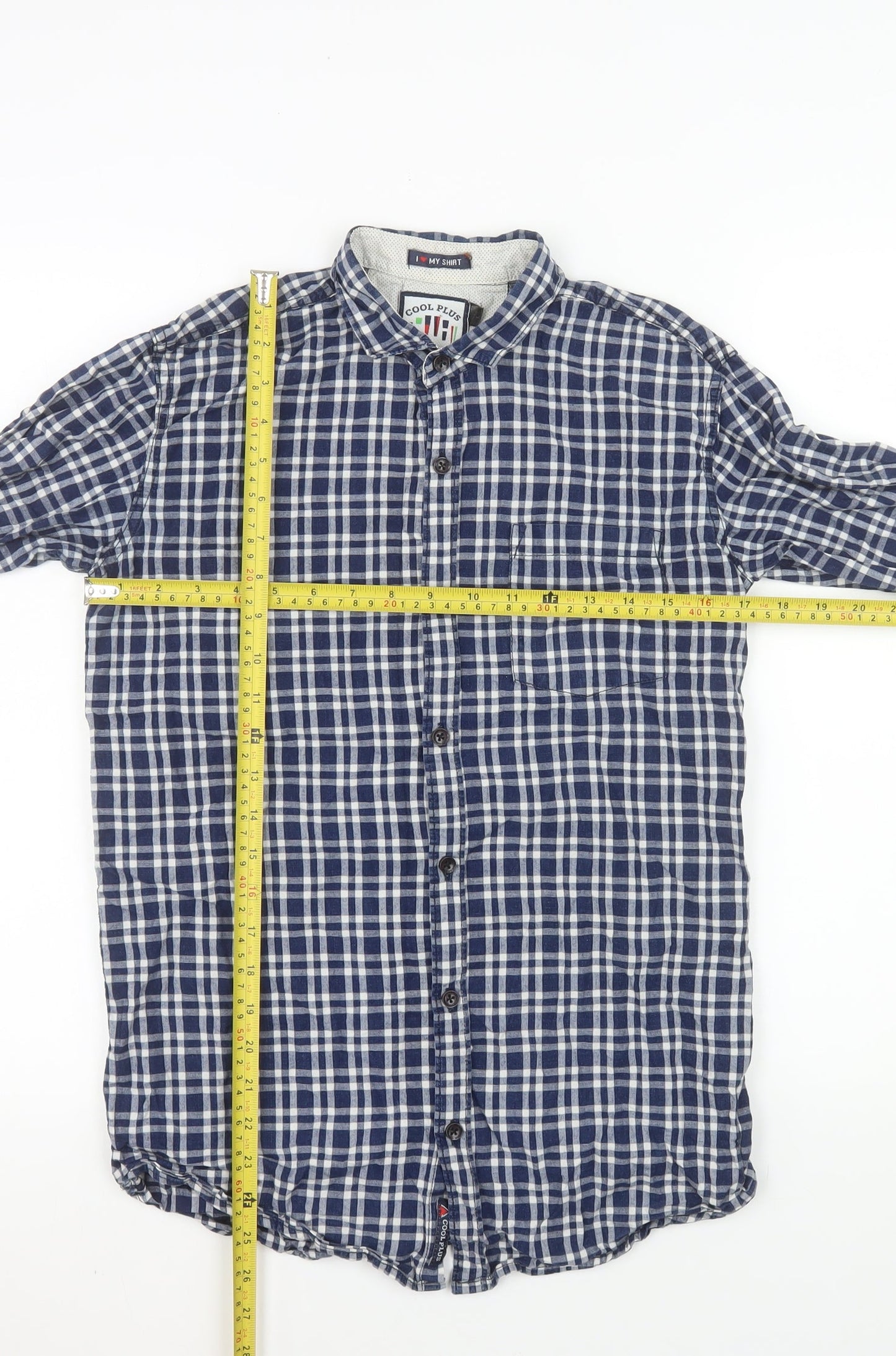 Cool Plus Men's Blue Check Long Sleeve Cotton Band Collar Shirt Size L
