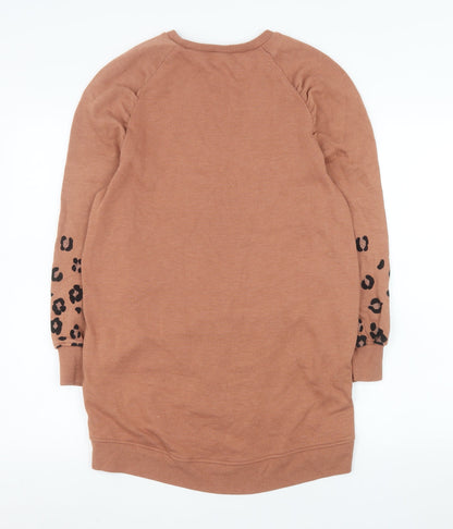 Close-up detail of Next girls’ brown animal print long sleeve pullover sweatshirt 11 years