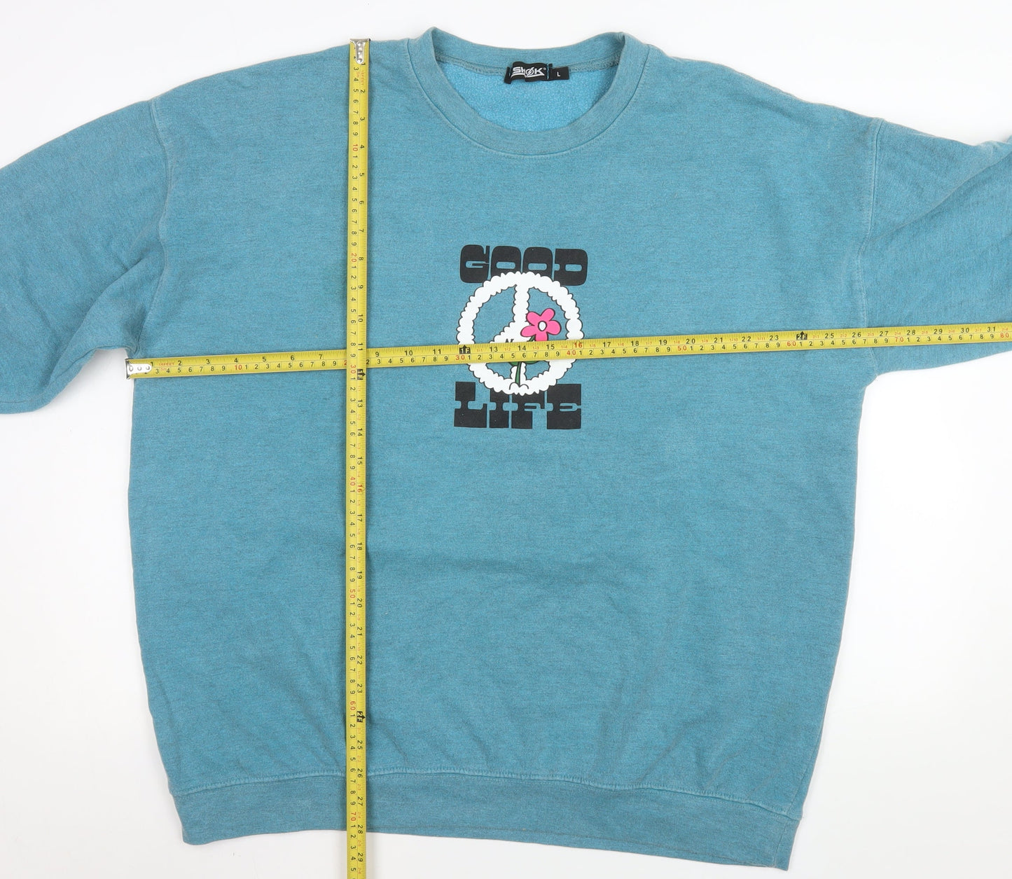 Shock Men Blue Graphic Peace Flower Pullover Sweatshirt L