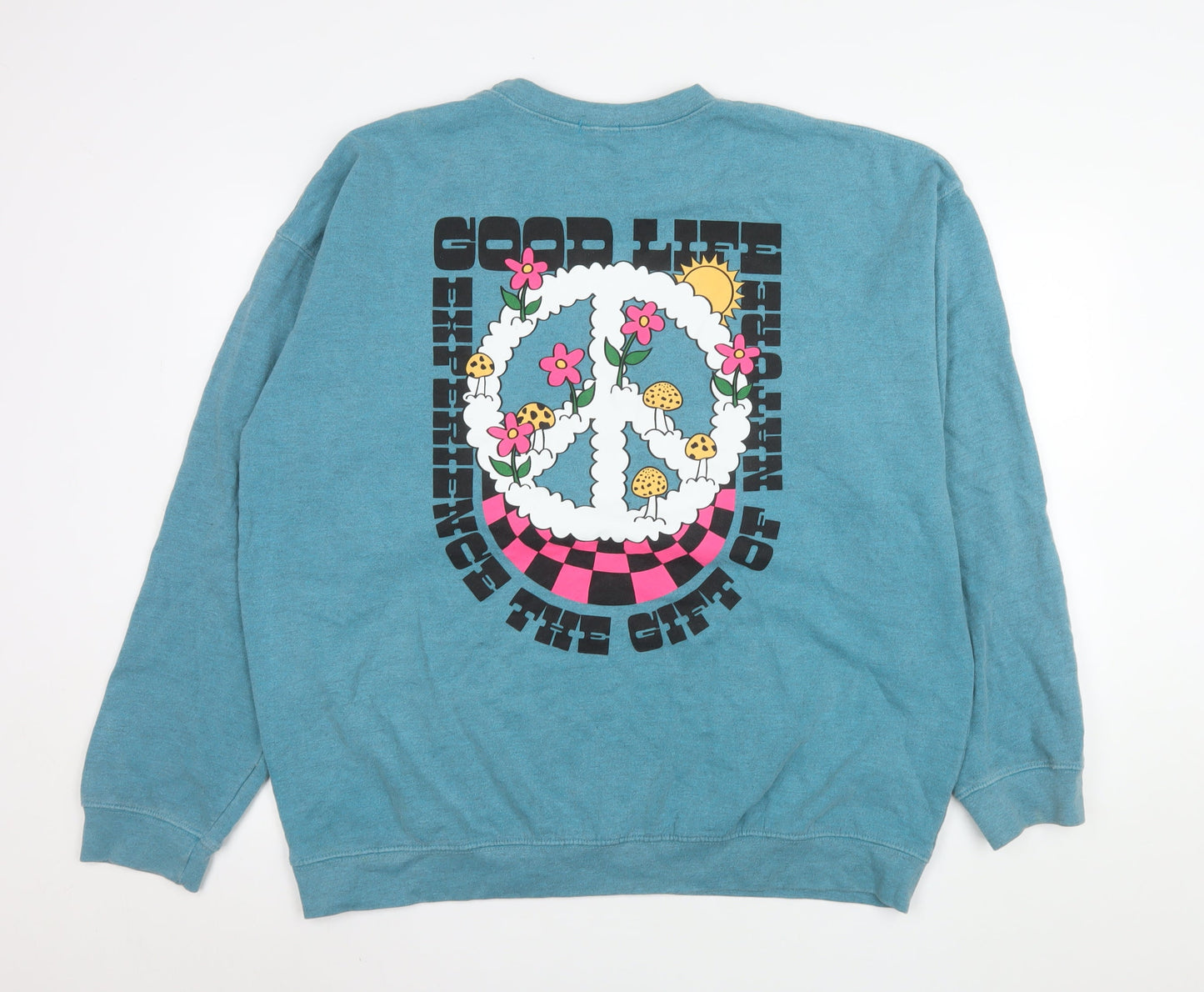 Shock Men Blue Graphic Peace Flower Pullover Sweatshirt L
