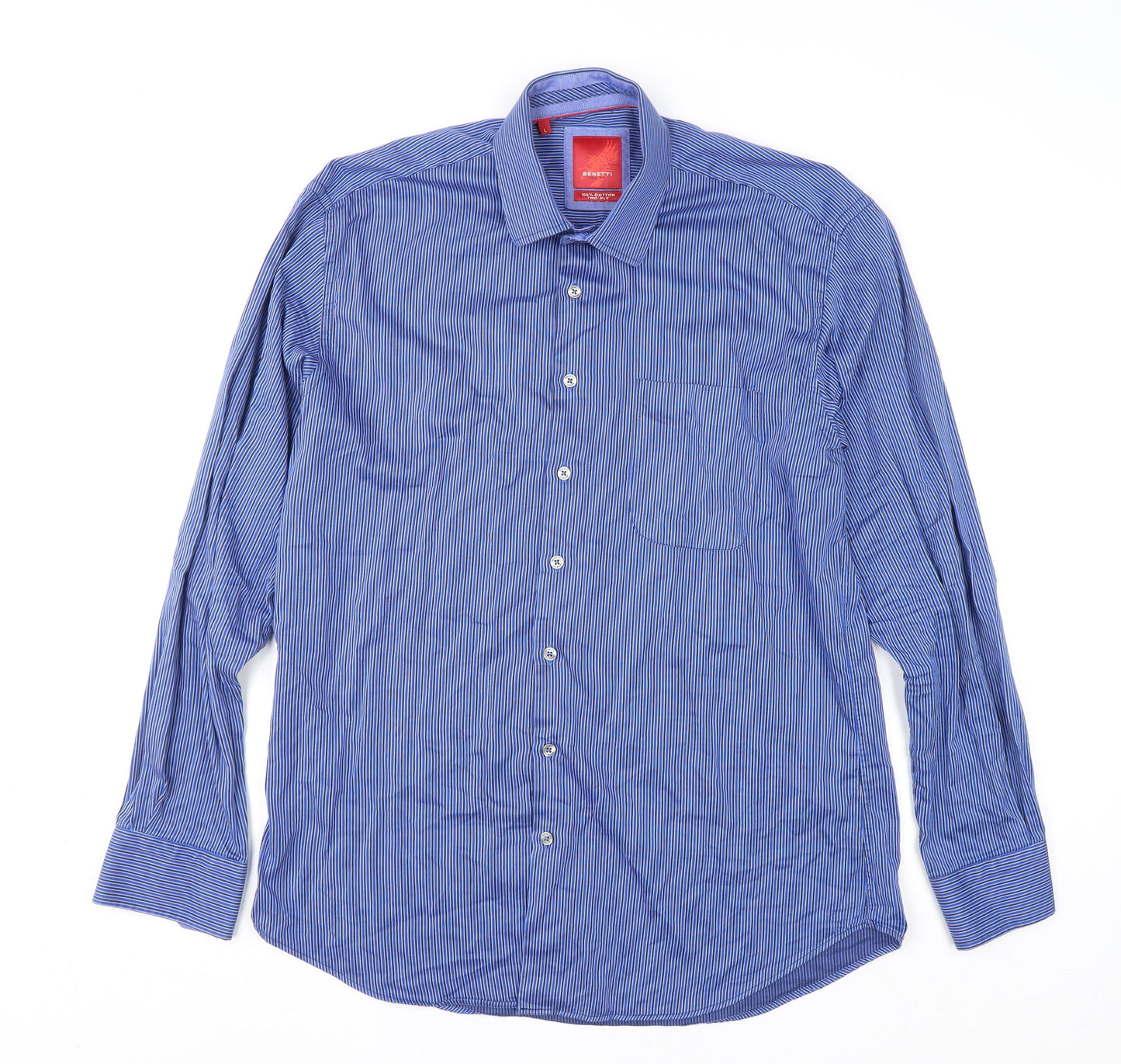 Benetti Luxury Men's Blue Striped Cotton Long Sleeve Button-Up Shirt Size L