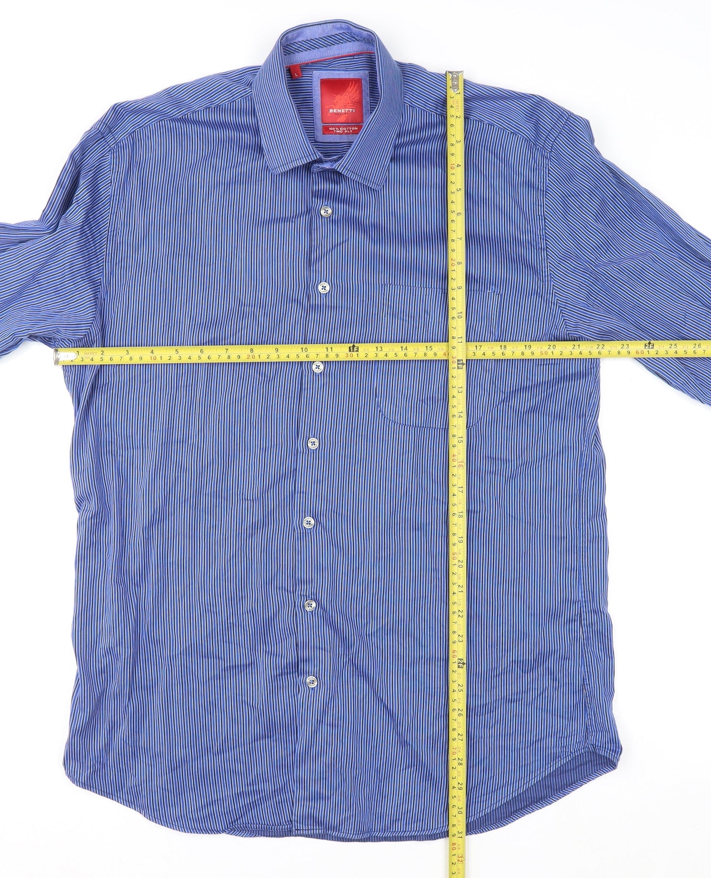 Benetti Luxury Men's Blue Striped Cotton Long Sleeve Button-Up Shirt Size L