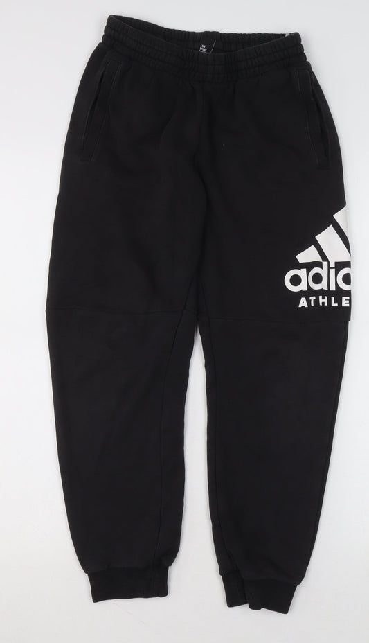 adidas Boys Black Logo Sweatpants 11-12 Years Regular Fit Fleece Tracksuit Bottoms