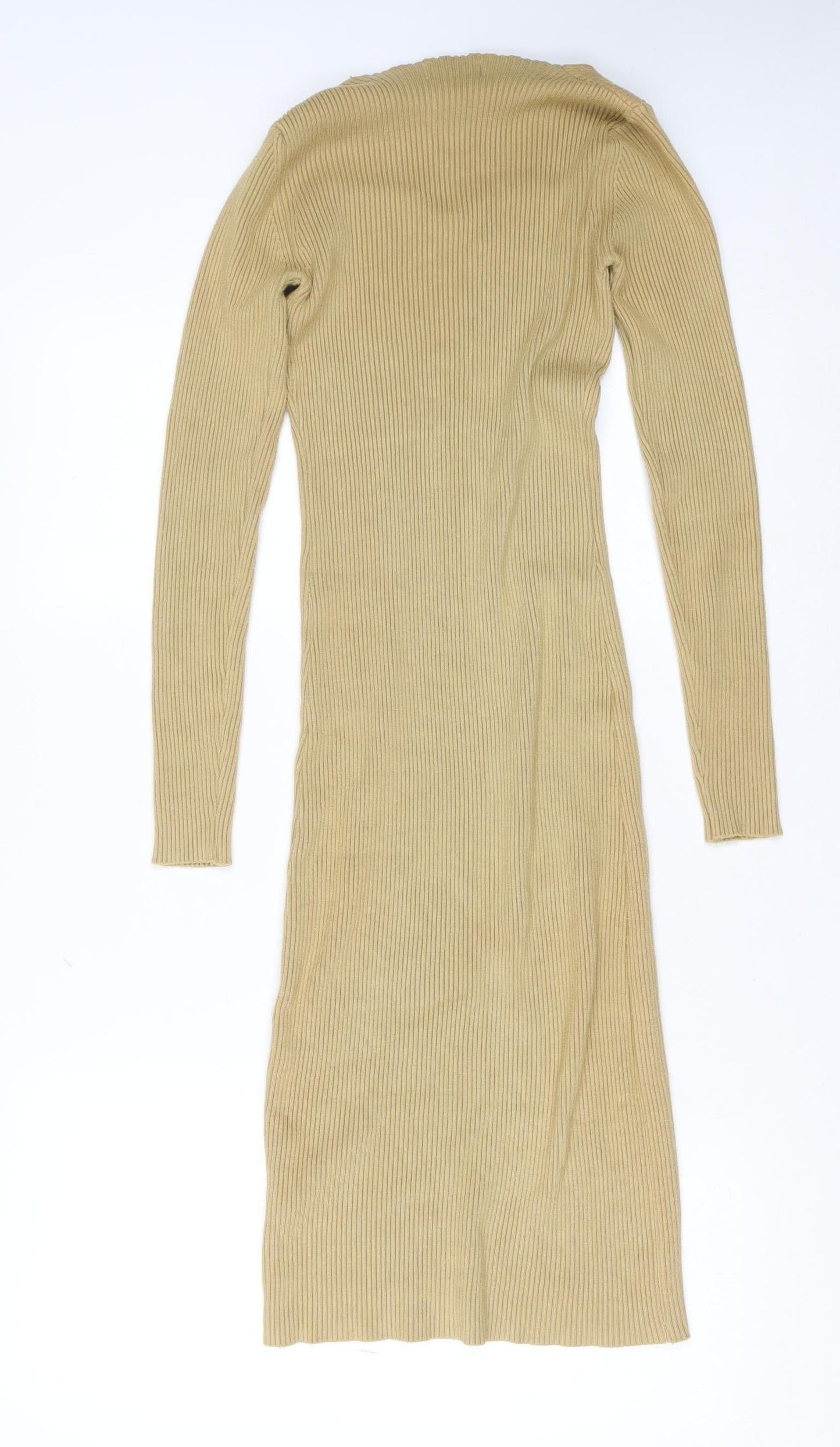 QED London Women Beige Ribbed Knit Midi Bodycon Dress Size M