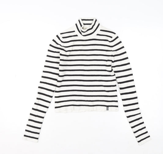 Pull&Bear Women's White Black Striped Roll Neck Jumper Size 14