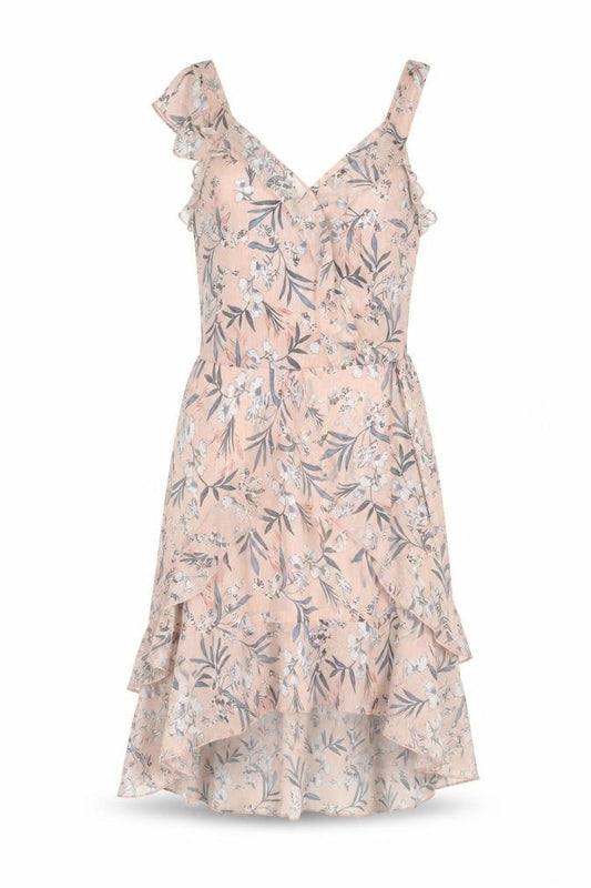 Quiz Women’s Pink Floral Wrap Dress Size 8 Sleeveless Ruffle Short