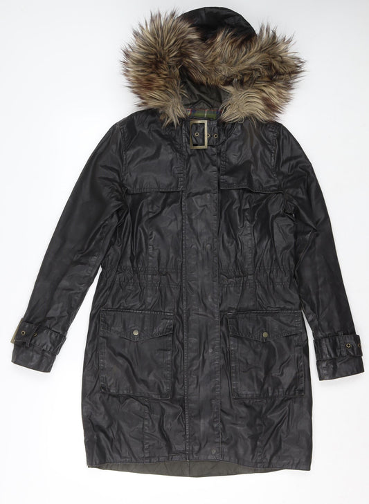 River Island Womens Black Long Parka Coat Faux Fur Hood Size 8