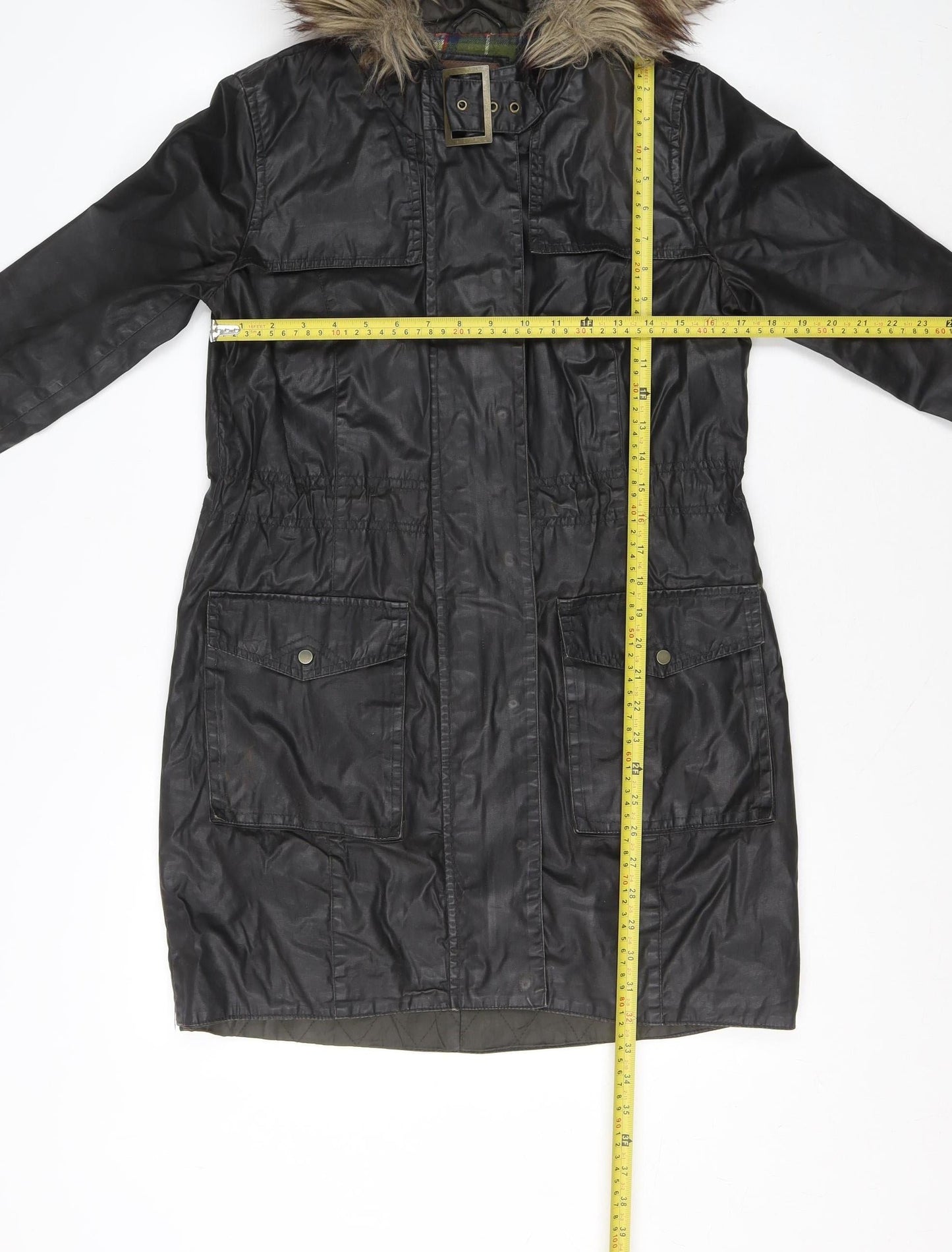 River Island Womens Black Long Parka Coat Faux Fur Hood Size 8