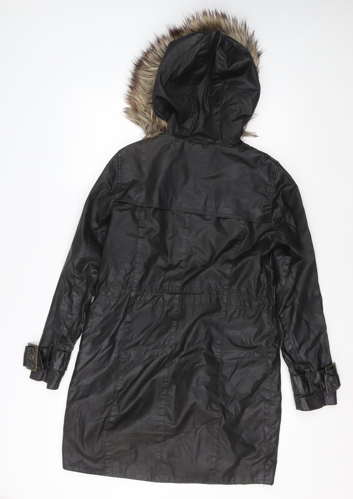River Island Womens Black Long Parka Coat Faux Fur Hood Size 8