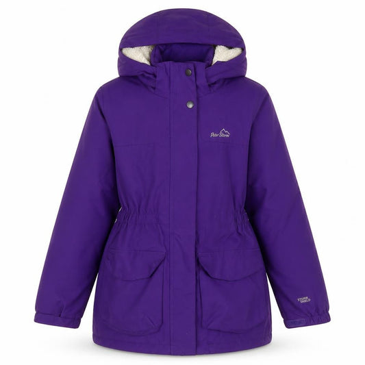 Front view of Peter Storm girls’ purple waterproof hooded parka coat 9-10 years