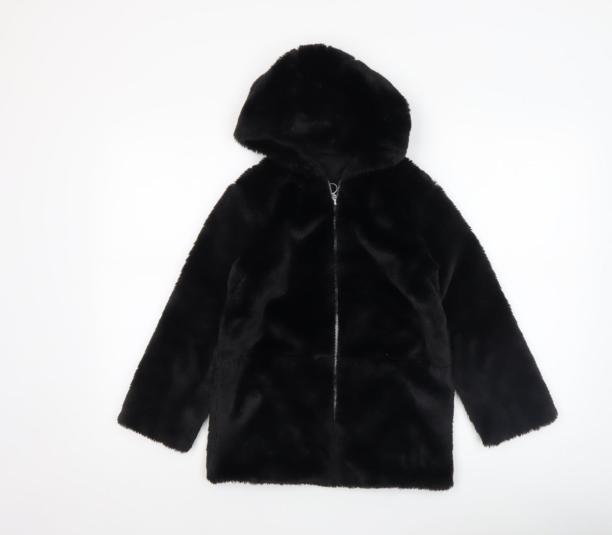 Dunnes Stores Girls Black Faux Fur Hooded Zip Coat 7-8 Years