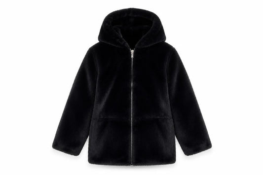 Front view of Dunnes girls’ black faux fur hooded zip coat 7-8 years