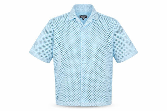 boohooMAN Men's Blue Mesh Button-Up 3/4 Sleeve Casual Shirt M