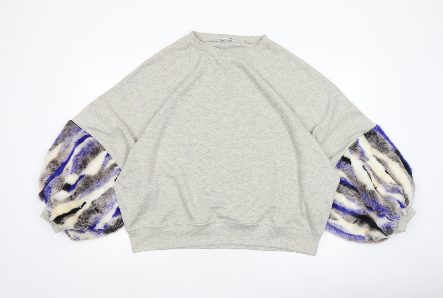 ZARA Womens Grey Faux Fur Sleeve Sweatshirt Size M Relaxed Fit