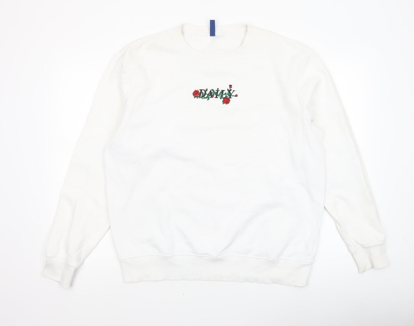 H&M Divided Men's White Embroidered Rose Graphic Pullover Sweatshirt L